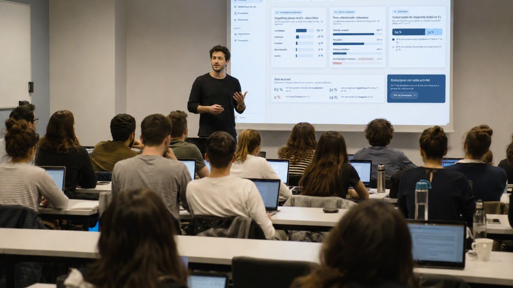 Enseignant présentant la vue promo EduCare en salle : distribution des hypothèses et tests de la promo projetée.
